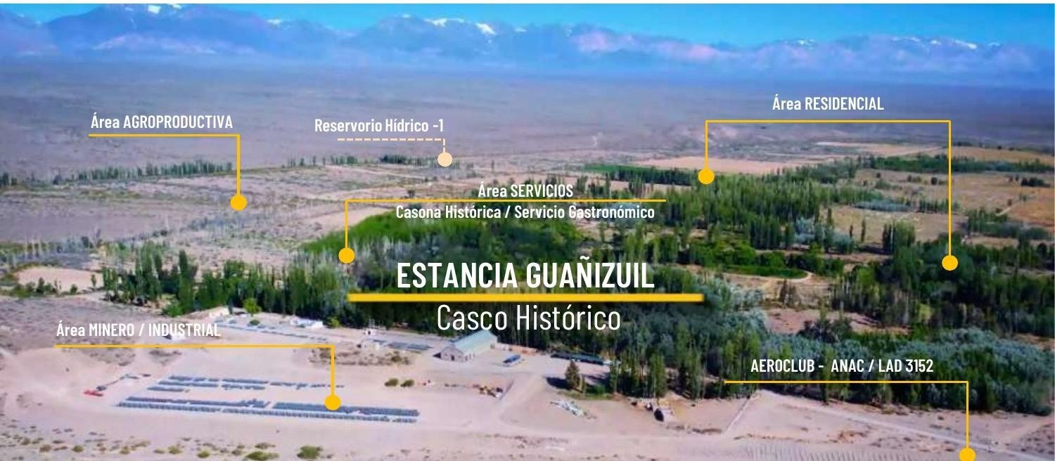 Vista aérea del casco histórico con las áreas residencial, de servicios, agroproductiva e industrial